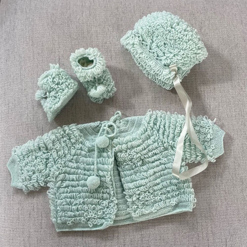 New Vintage 60s Seafoam Green Newborn Baby Bonnet Booties Cardigan Gender Neutra